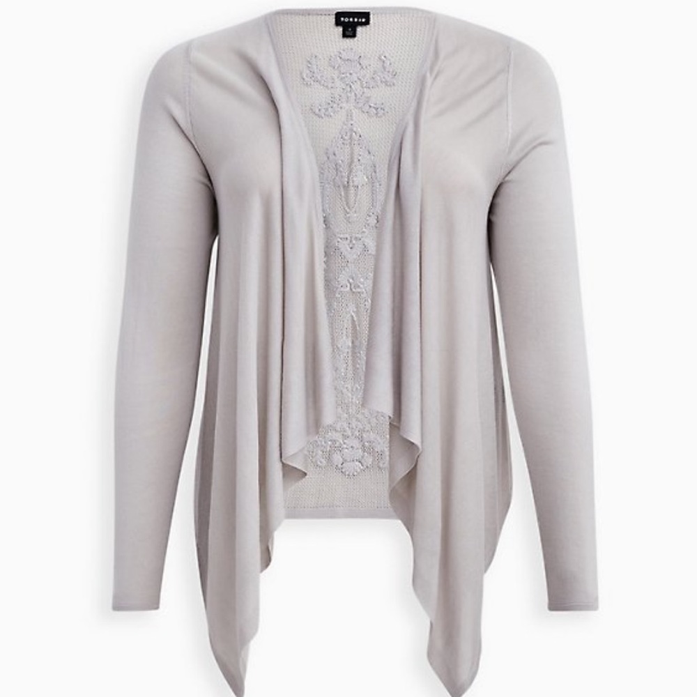 Soft Grey Pointelle Drape Front Cardigan